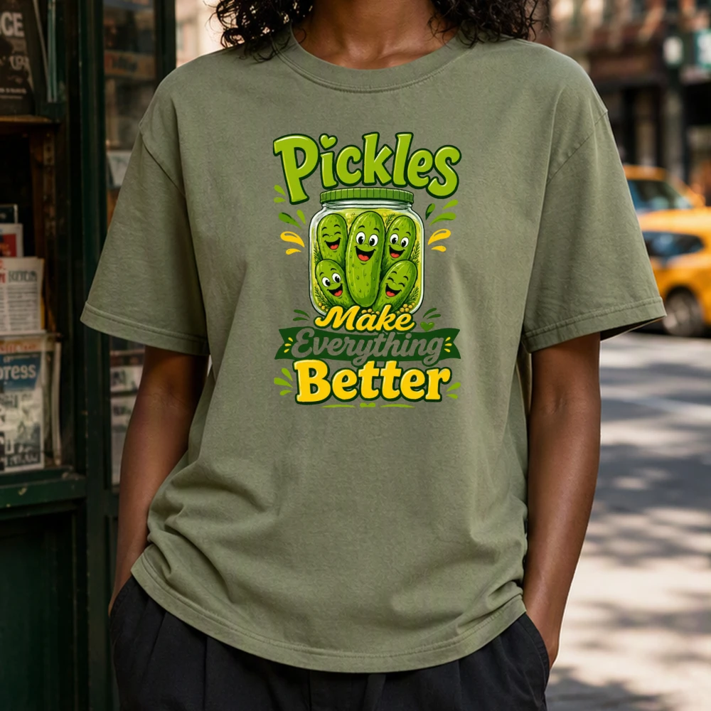 Cartoon Pickles Jar Illustration Female Cute Food Graphic Tshirt Funny Veggie Meme Shirt Kitchen Cooking Wear Casual Tees