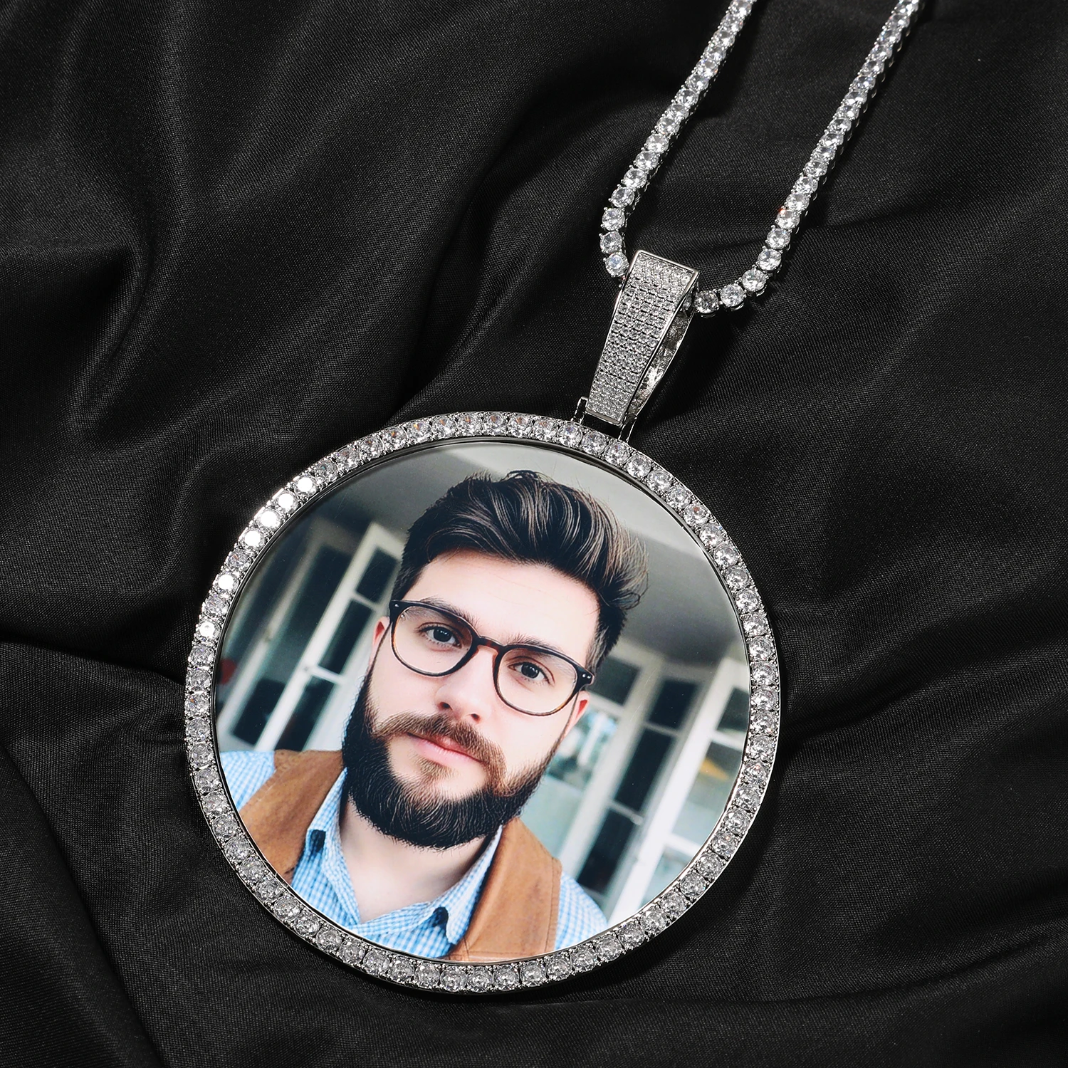 TBTK 100mm Diameter Large Round Medallion Custom Photo Pendant Necklace Engrave Name Iced Out CZ Hiphop Jewelry Memory Gift - view 2