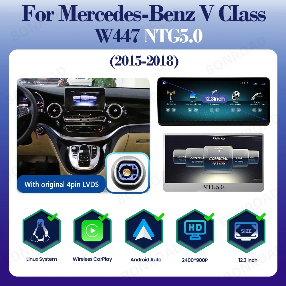 BONROAD Linux Draadloze CarPlay Autoradio Multimedia Touchscreen Android Auto voor Mercedes Benz V-Klasse W447 NTG5.0 GPS Navigatie