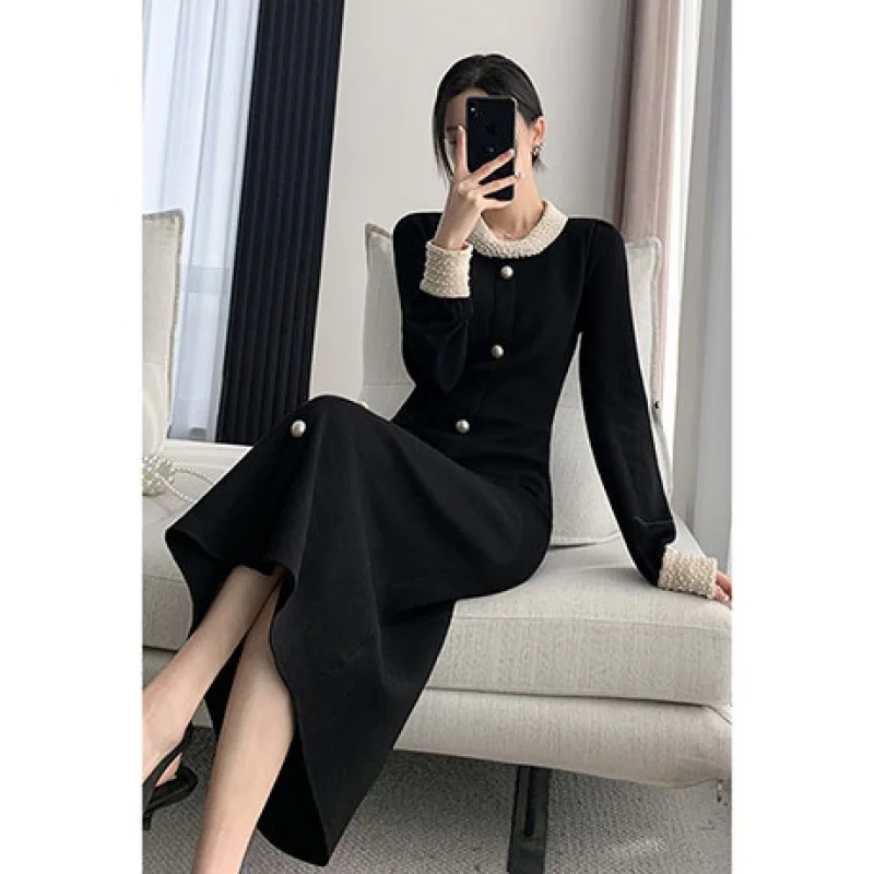 فستان أسود طويل متماسك كوري ياباني جديد لعام 2025 للنساء لربيع وخريف مصنوع بحرفية ثقيلة فساتين سوداء صغيرة غير رسمية فرنسية #2