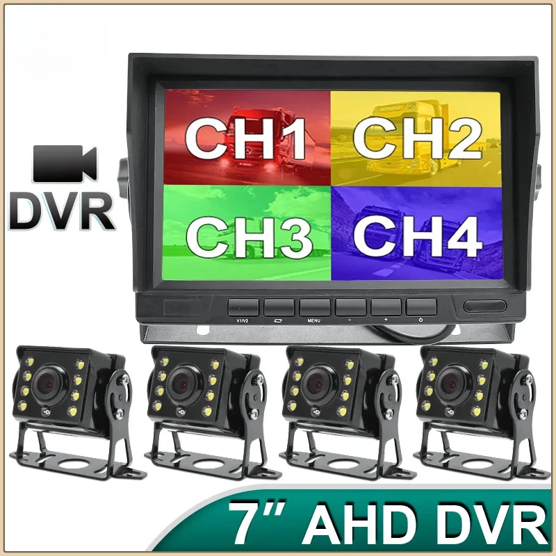 Truck Parking Monitor with 4 Channels DVR Recorder Front Rear Left Right AHD Car Camera Vehicle 7 Inch IPS Display