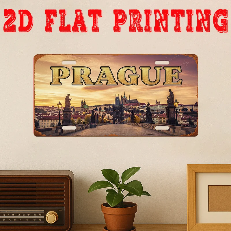 2D Flat-1pc Vintage Metal  Sign, Decorative Plaque,Prague City Sign, Vintage Wall Art of Charles Bridge, Retro Home Decor