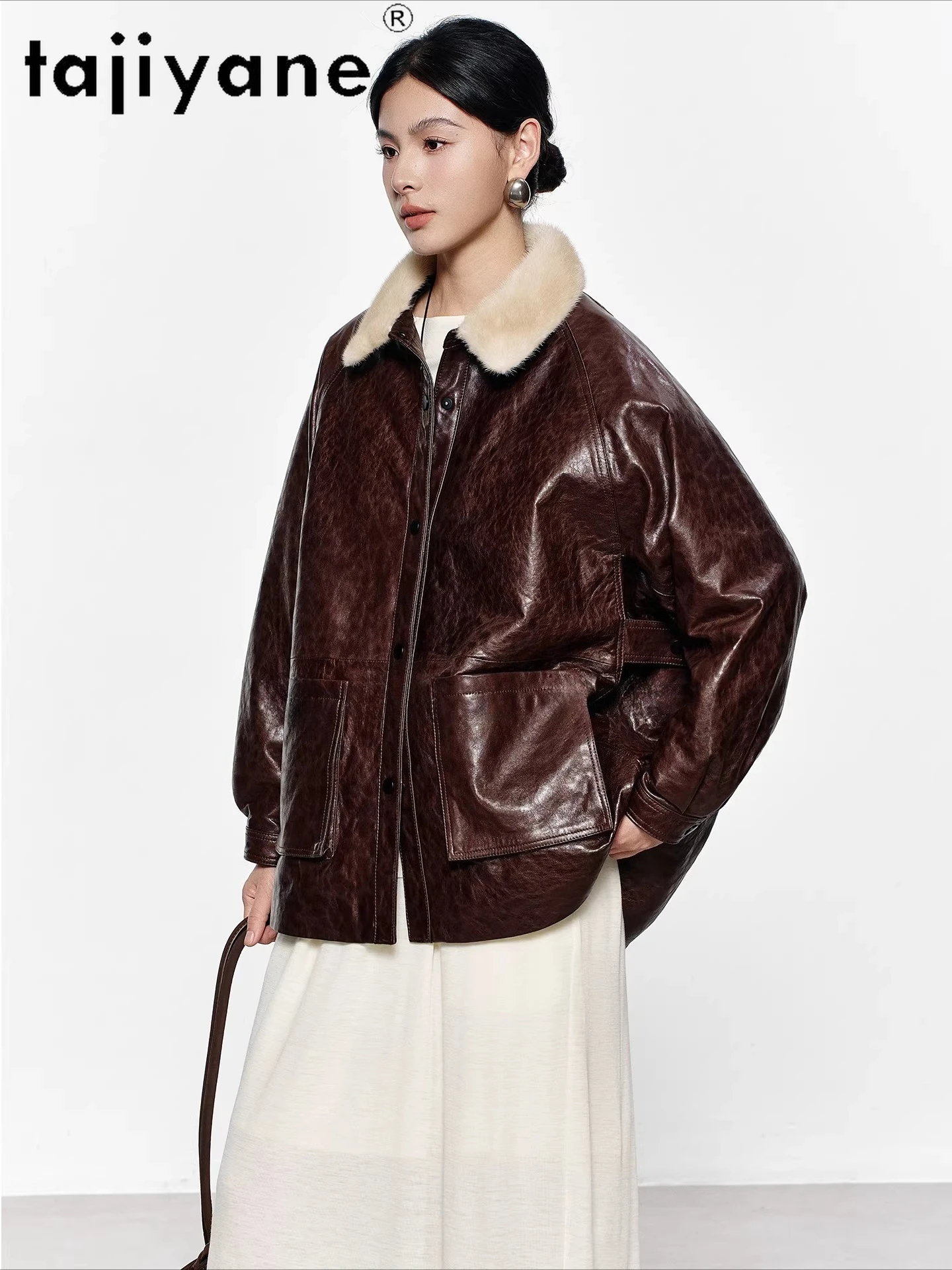 TAJIYANE Öl Wachs Schaffell Gänsedaunen Mantel Frau Nerz Pelz Kragen Mäntel Echt Leder Puffer Jacke 2025 Winter Kleidung Nayeка