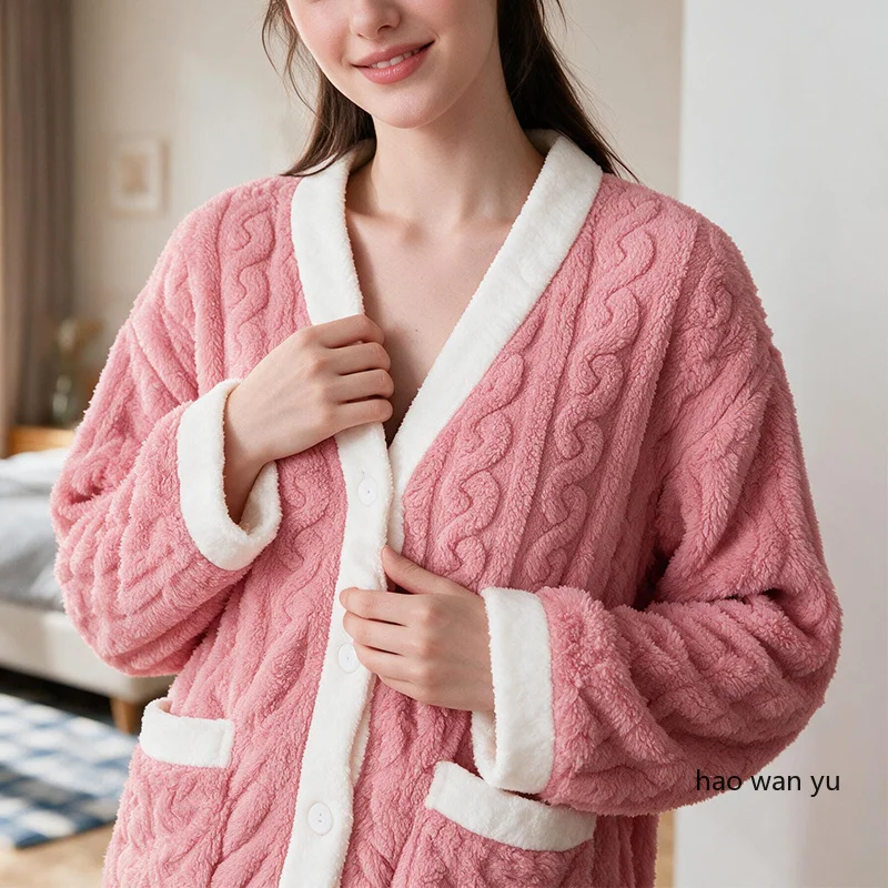 Plus Size Cardigan Women's Fall and Winter Pajamas Coral Fleece Double-Sided Thick Warm Homewear Striped Pink Soft Sleepwear