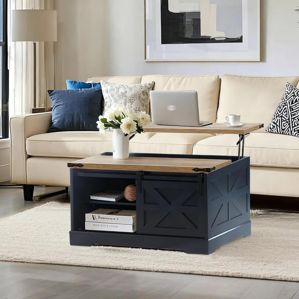 

Farmhouse Lift Top Coffee Table with Hidden Storage Square Coffee Table Sliding Barn Door and Adjustable Shelf Rustic Wood Cente
