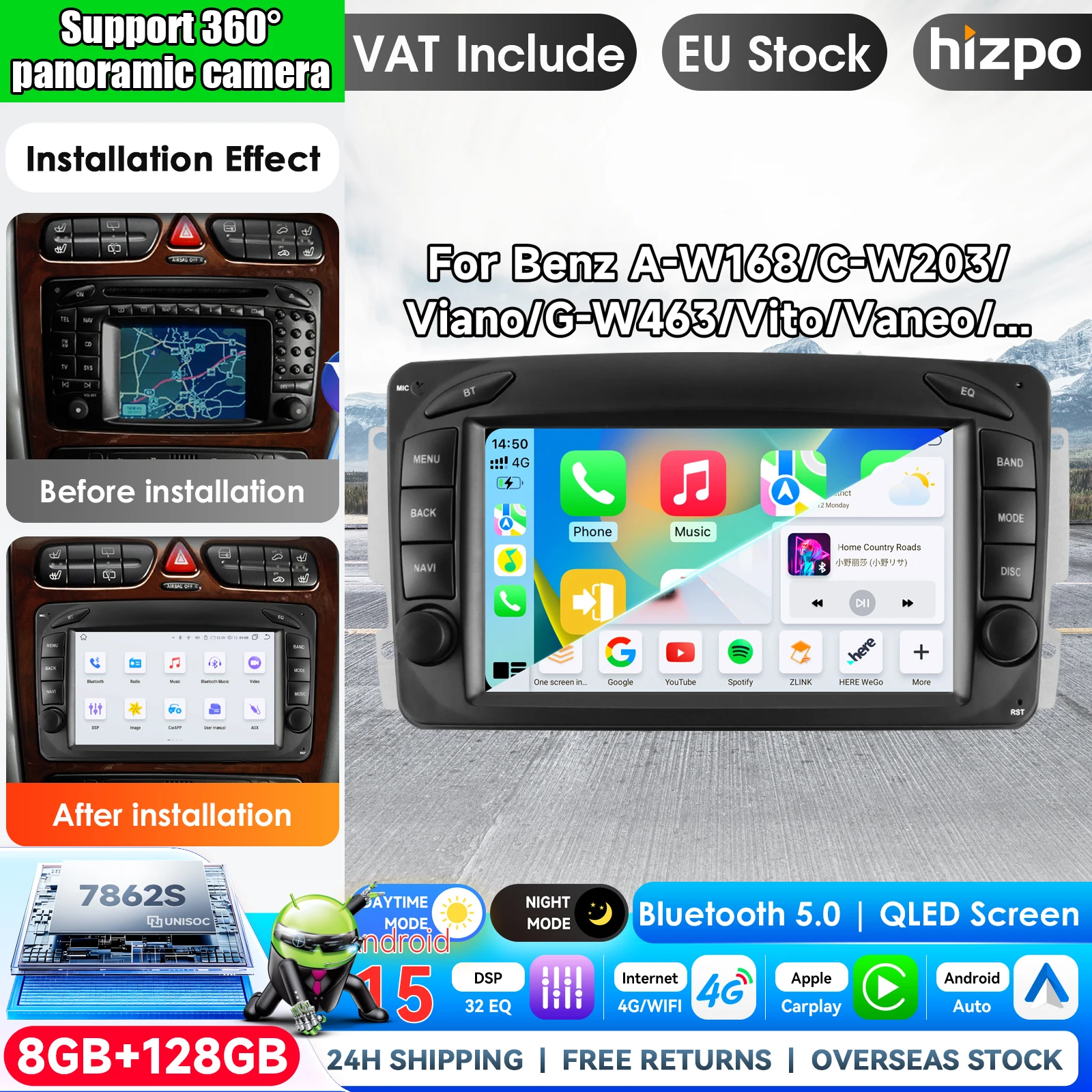 Image of Hizpo 7 Zoll Android 15 Autoradio für Mercedes Benz W203 Vito W639 W168 VaneoCLK W209 W210 Kabelloses Apple CarPlay Auto IPS Touchscreen Stereo Multimedia-Videoplayer Automotive Smart Intelligent