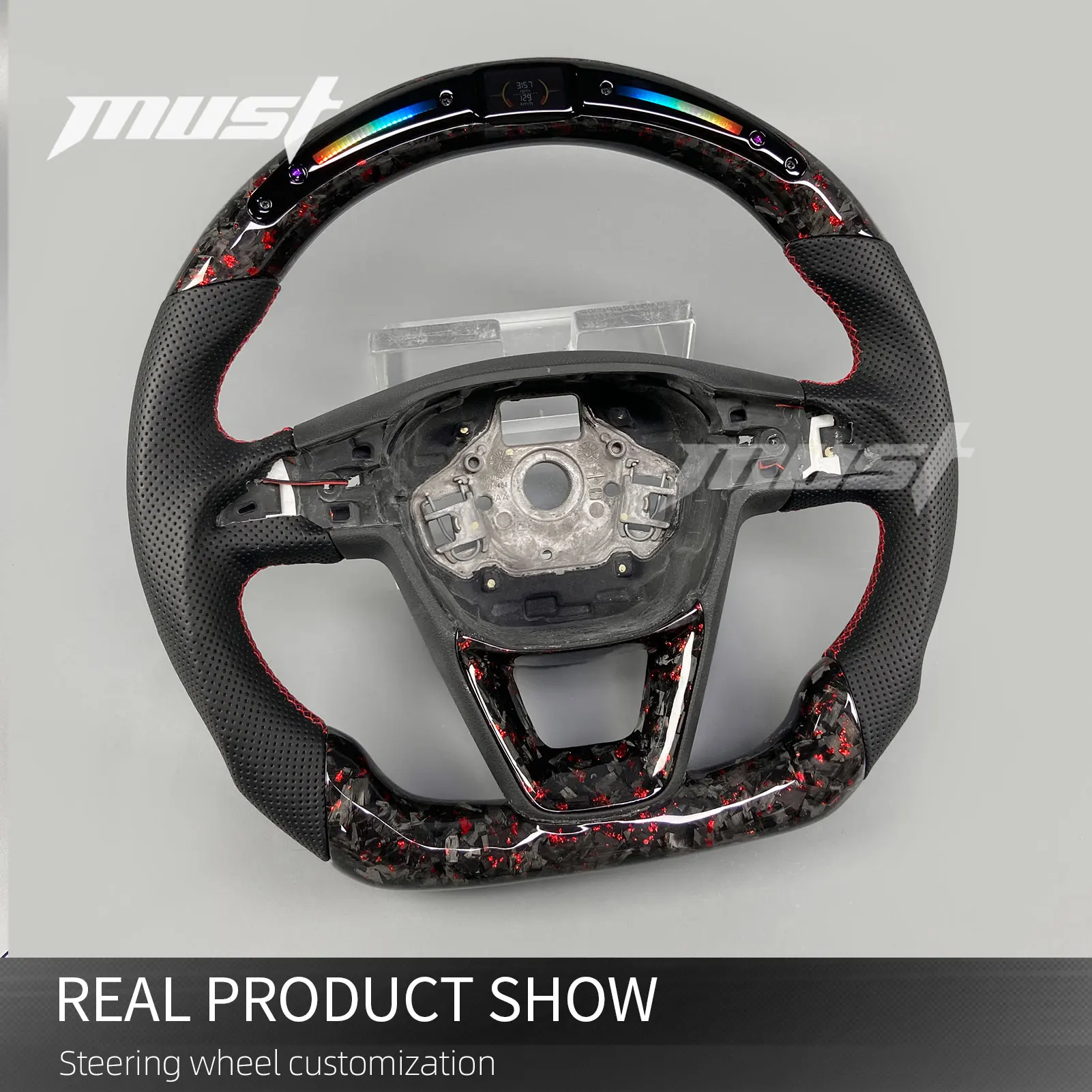 For Seat Ateca Arona Ibiza Leon SC ST Cupra 2013-2019 Customized Red Forged Carbon Fiber Steering Wheel with LED Rpm Display