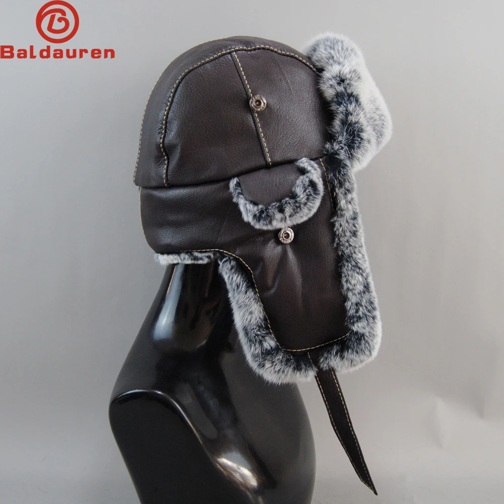 New Russia Winter Real fur Hat Men Outdoor Windproof Super Warm Real Rex Rabbit Fur Bomber Hats Natural Soft Rex Rabbit Fur Caps