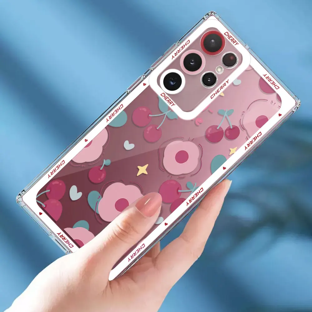 Pink Cherry TPU Cover Case for Samsung Galaxy S23 Ultra S10 Plus Note 20 Ultra 10 S20 FE S22 S24 Ultra S21 Clear Silicone Funda