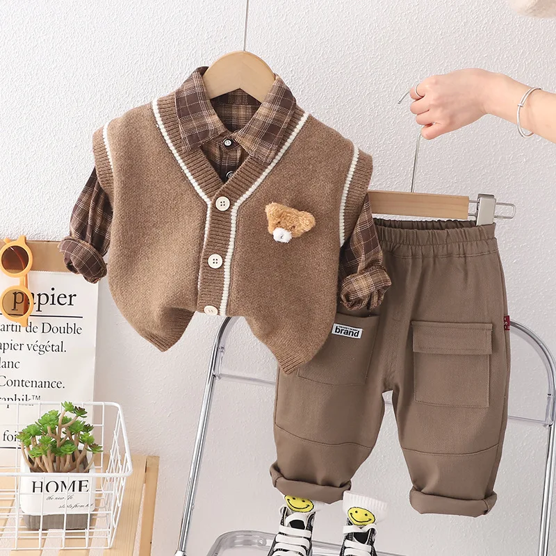 2023 Spring Autumn 3PCS Boys Clothing Set Baby Boys Sweater Vest Long-sleeve Shirts Cargo Pants Clothes Set Infant Children Suit