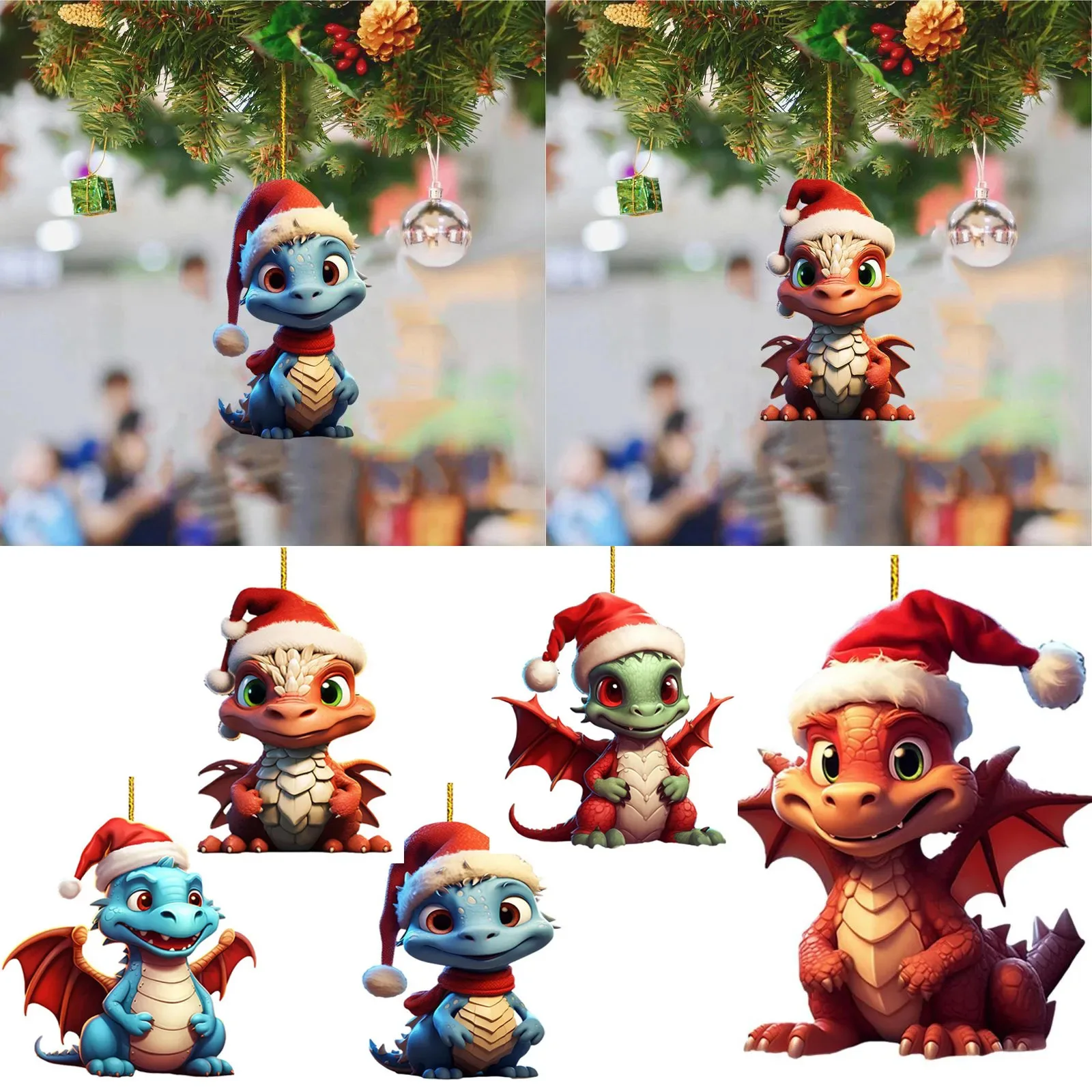 Cartoon Cute Dinosaur Christmas Decoration Acrylic Flat Xmas Tree Hanging Pendant Ornaments Home 2024 New Year Party Supplies