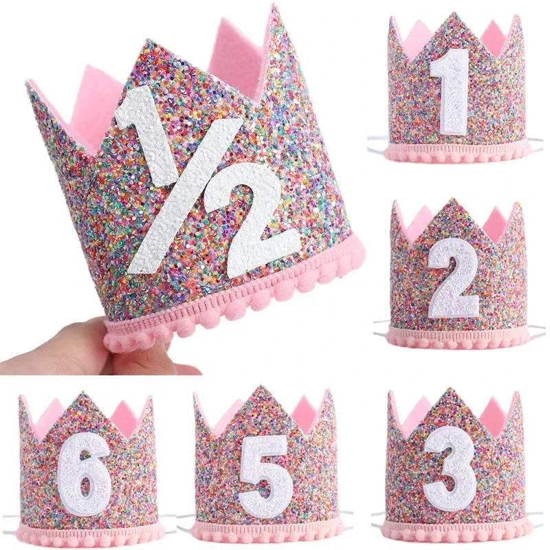 Pink Princess Crown Hat Half Year Old 1 2 3 4 5 6 Years Baby Headband Baby Shower Kids Girls Birthday Party Decoration Cap