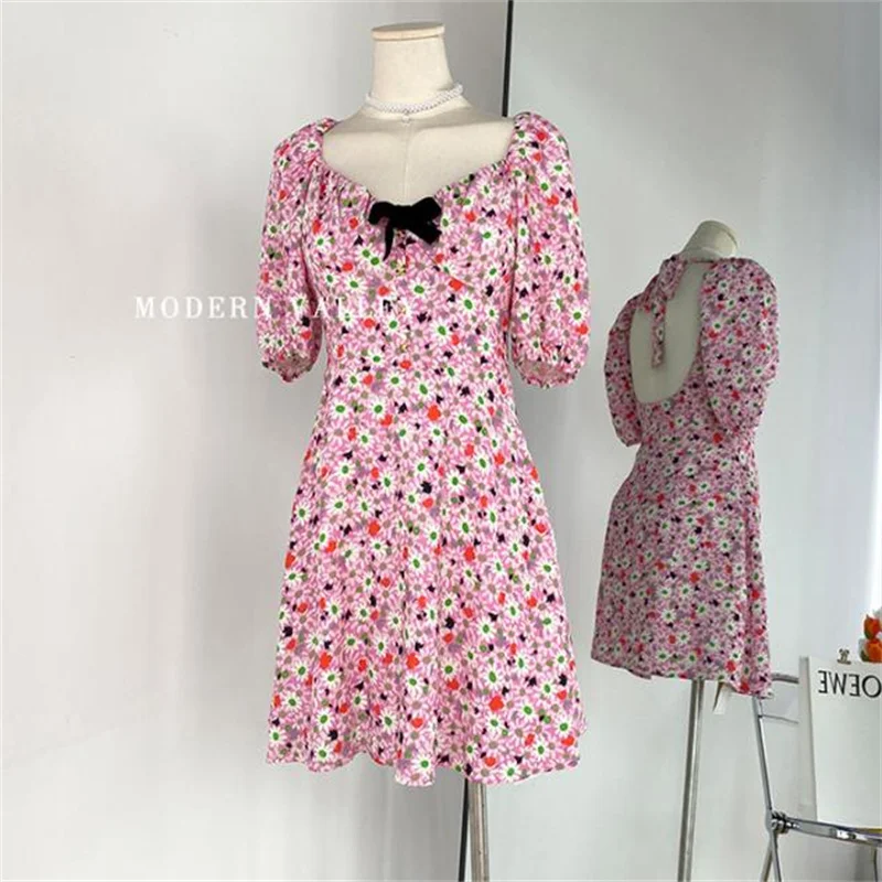 New printed v-neck floral dress female daisy pink retro puff sleeves women dress