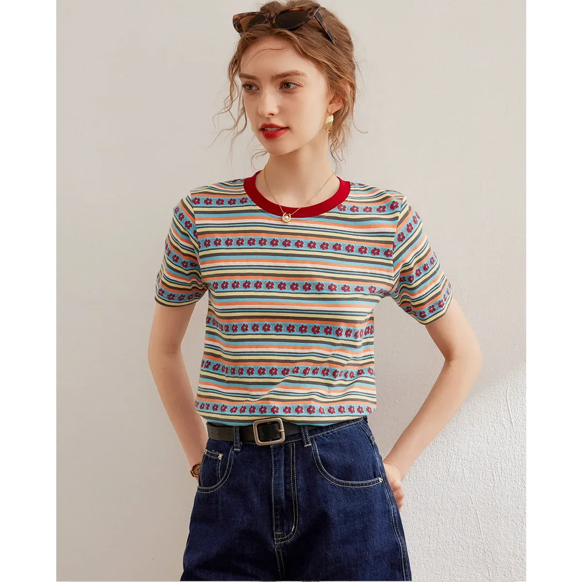 LOUIS YAO Women T-Shirt 2024 Summer Striped Little Flowers Cotton Tee O Neck Short Sleeve Sweet Casual Fashion Pullover Top