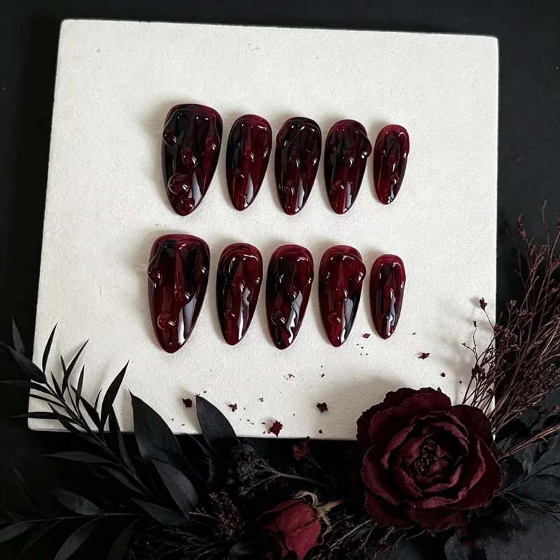 10Pcs Red Gradient Handmade Press On Nails False Nails Almond Luxury Full Cover Fake Nails Artificial Goth Decoration Nail Tips