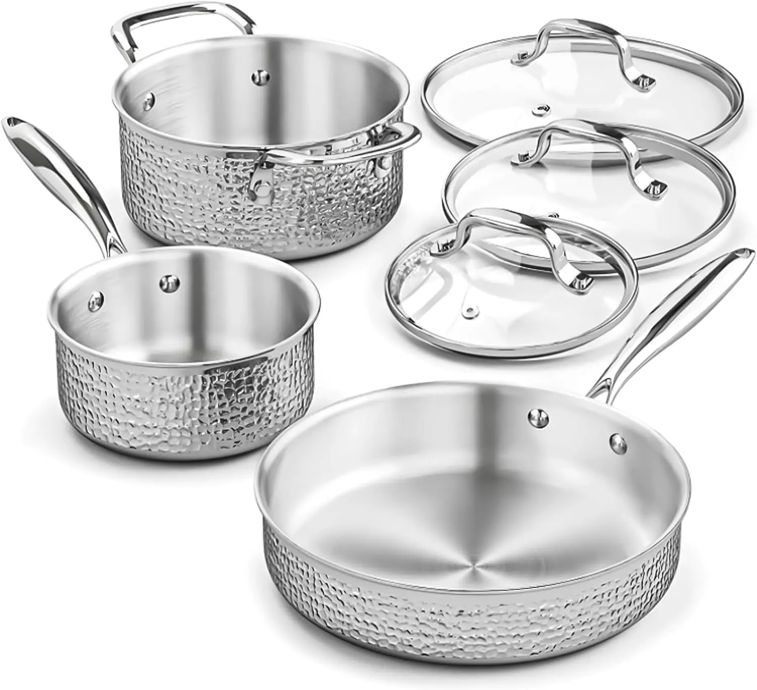 

Stainless Steel Pots and Pans Set with Glass Lid, 6pcs Hammered Cookware Set, Kitchen Induction Cooking Pot and Pan Set Suitable