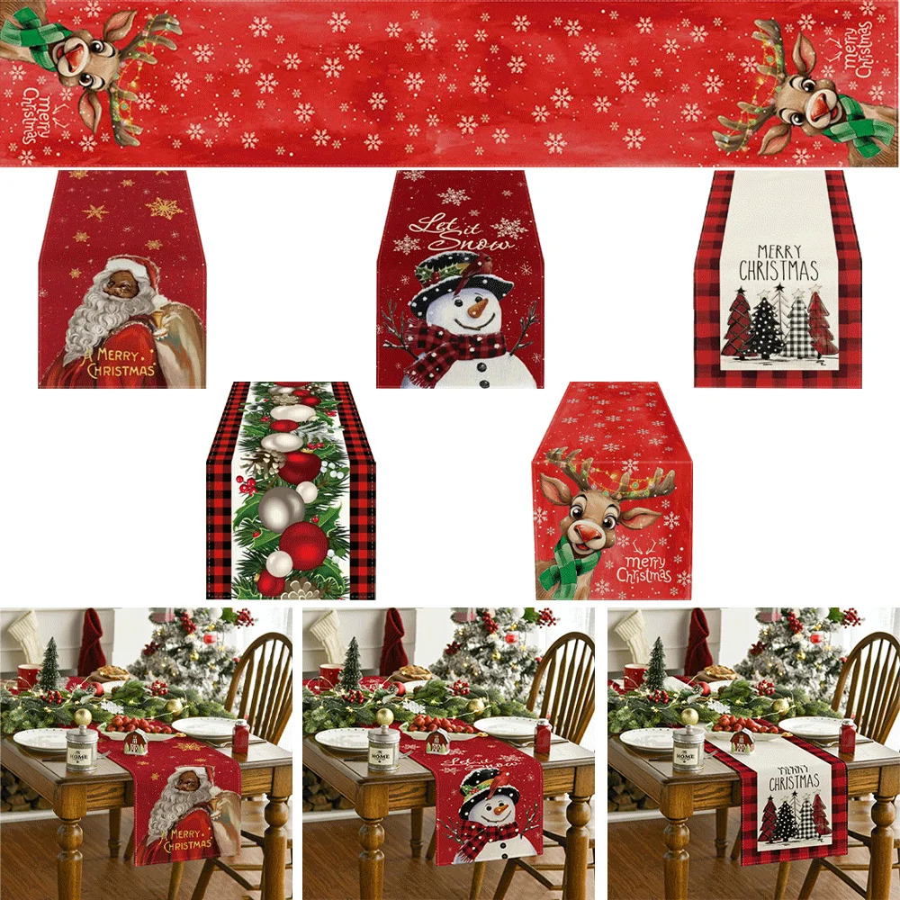 1pc Christmas Table Decor Linen Tablecloth Santa Snowman Christmas Tree Farmhouse Style Outdoor Navidad Party Table Runner Decor