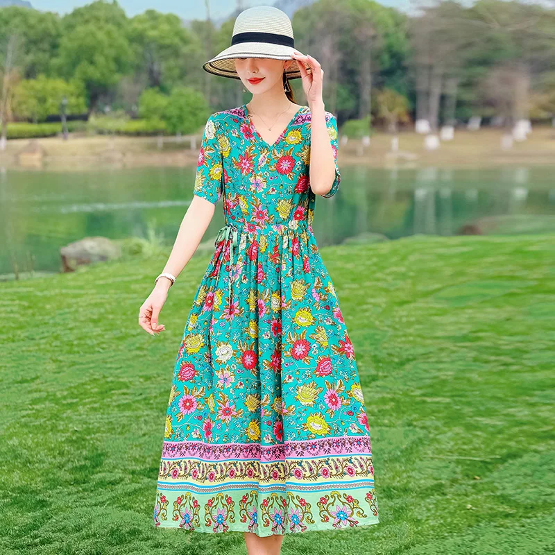 

Summer Runway Boho Floral Maxi Dress Women's short Sleeve V-Neck Elegant Party Long Dress