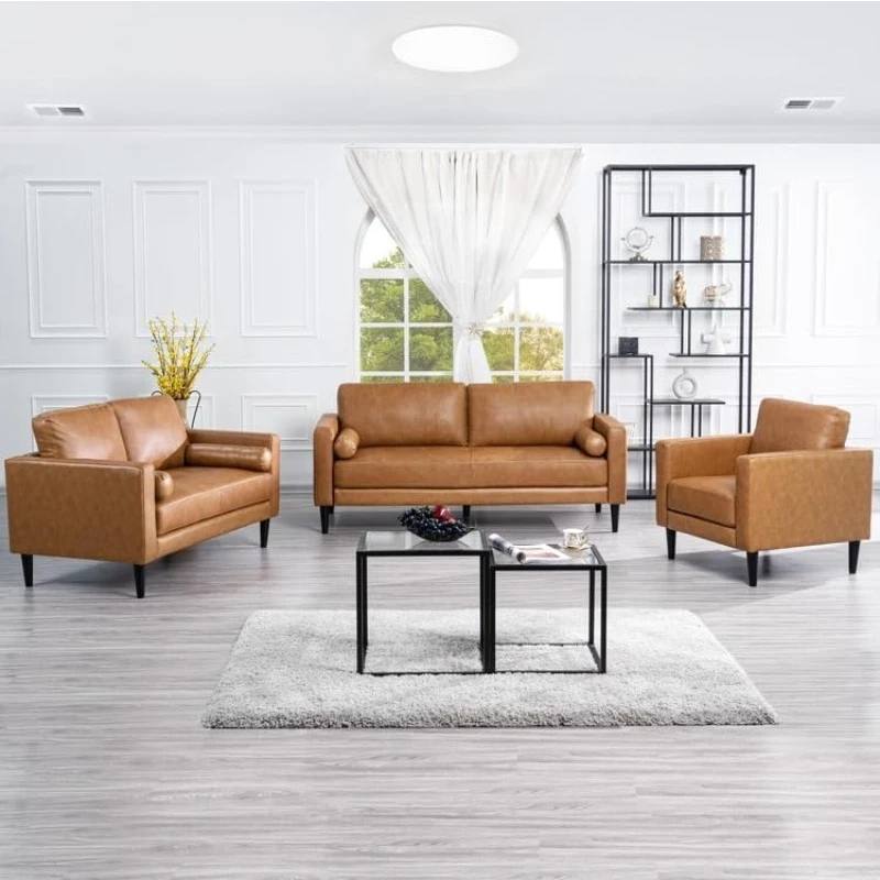 Oversized Genuine Leather Sofa Tan (3 Piece Set, Modern)  Living Room Furniture