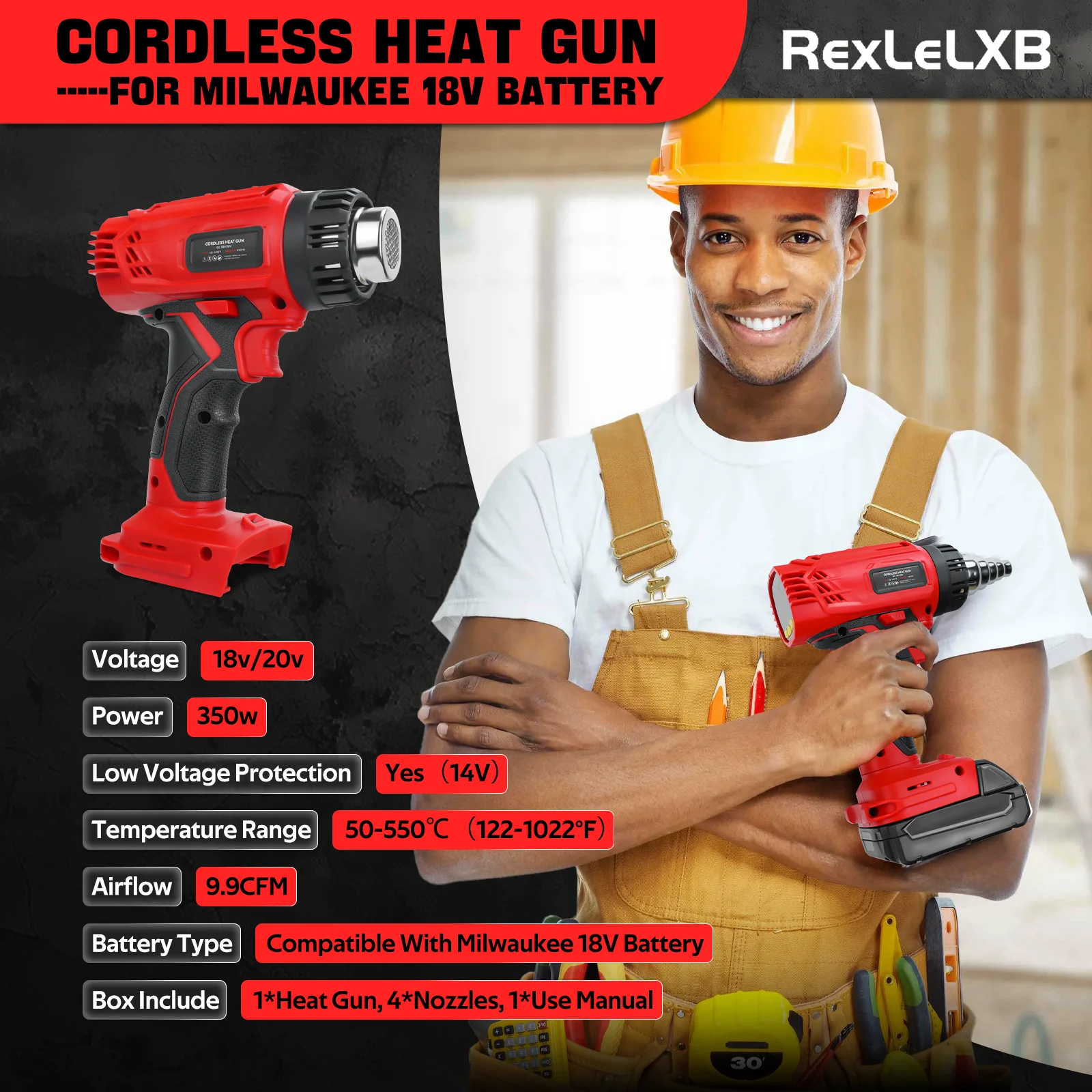 Cordless Heat Gun 50℃~550℃ Variable Temperature with LCD Digital Display Hot Air Gun for Milwaukee 18V Battery (No Battery)