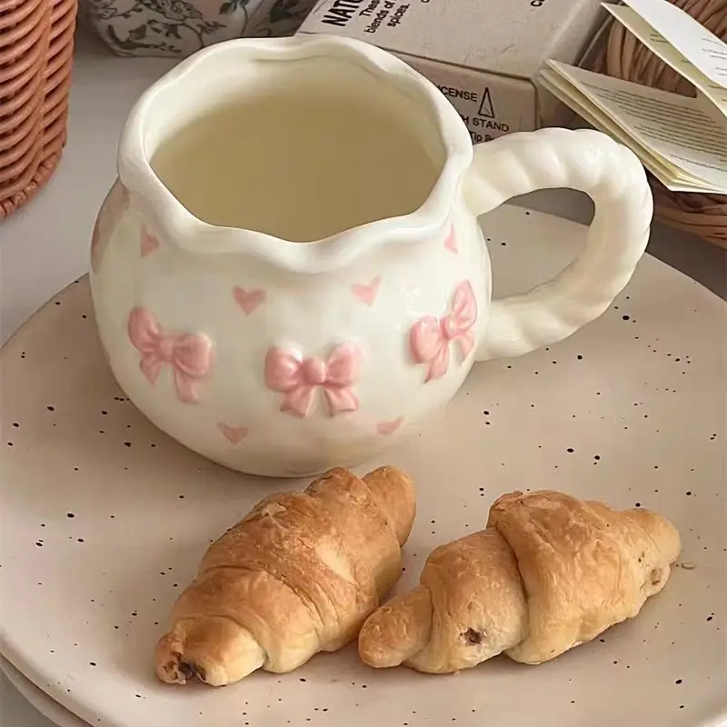 Korean Style Girl Delicate Bow Cherry Relief Mug Milk Coffee Afternoon Tea Party Chat Ins Cute Mood Mug Festival Birthday Gifts