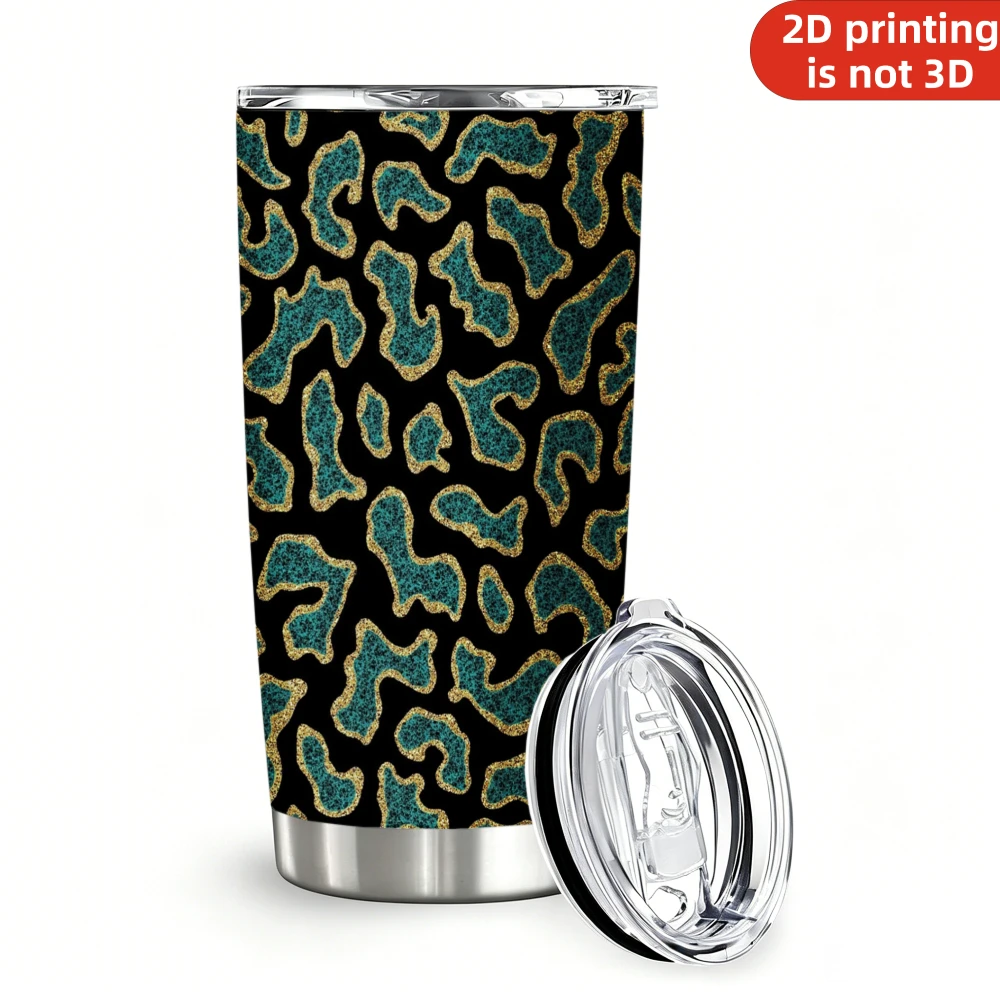 20oz Teal Turquoise Gold Glitter Leopard Print Stainless Steel Tumbler with Lid and Straw, Sparkle Cheetah Spots Black Vacuum Insulated Travel Coffee Mug Gifts for Women