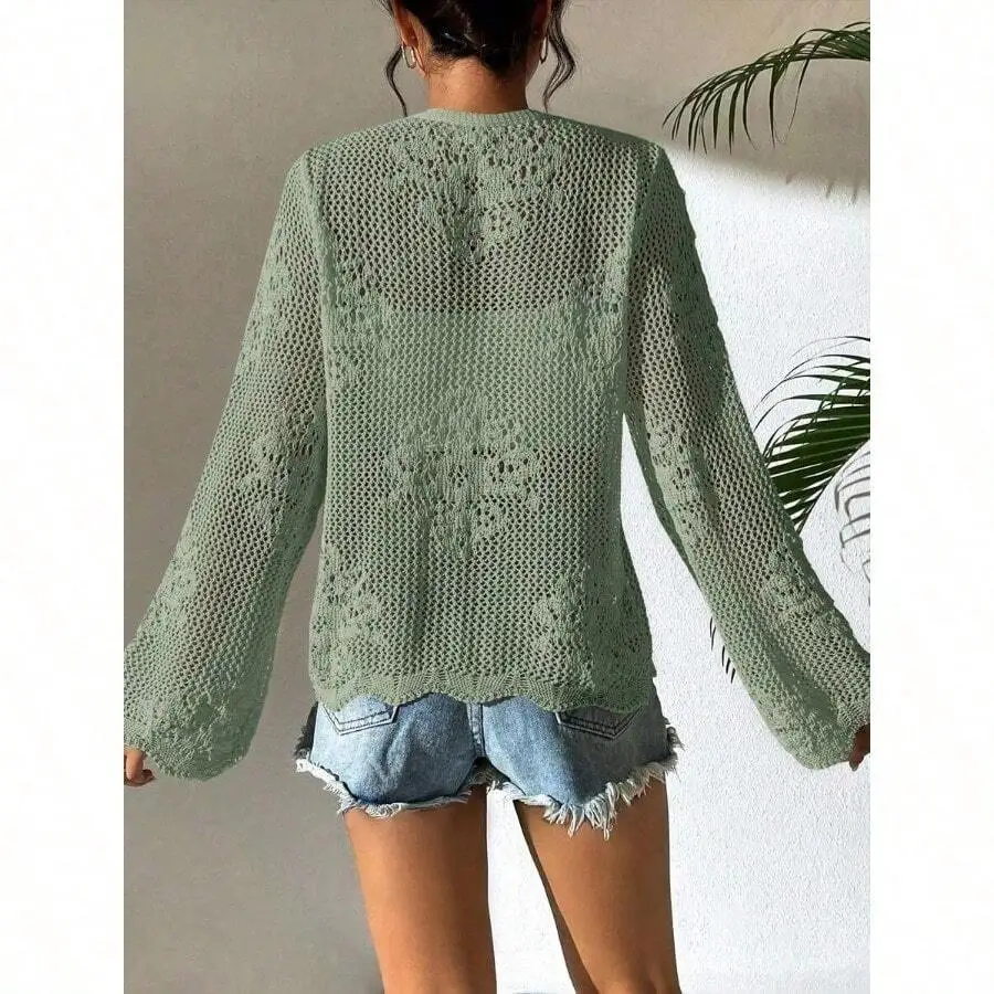

Womens Crochet Hollow Out Long Sleeve Cardigan Casual Beach Top