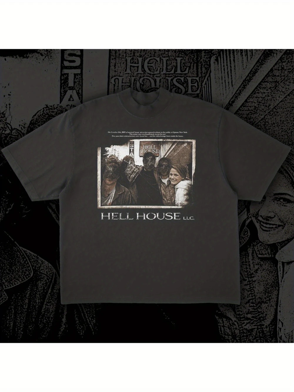 Urban Streetwear Brand - メンズブラックストリートウェアブランド、アーバンファッション、100%コットン、クルーネックTシャツ「House of Hell」映画プリントとテキスト入りカジュアルウェア
