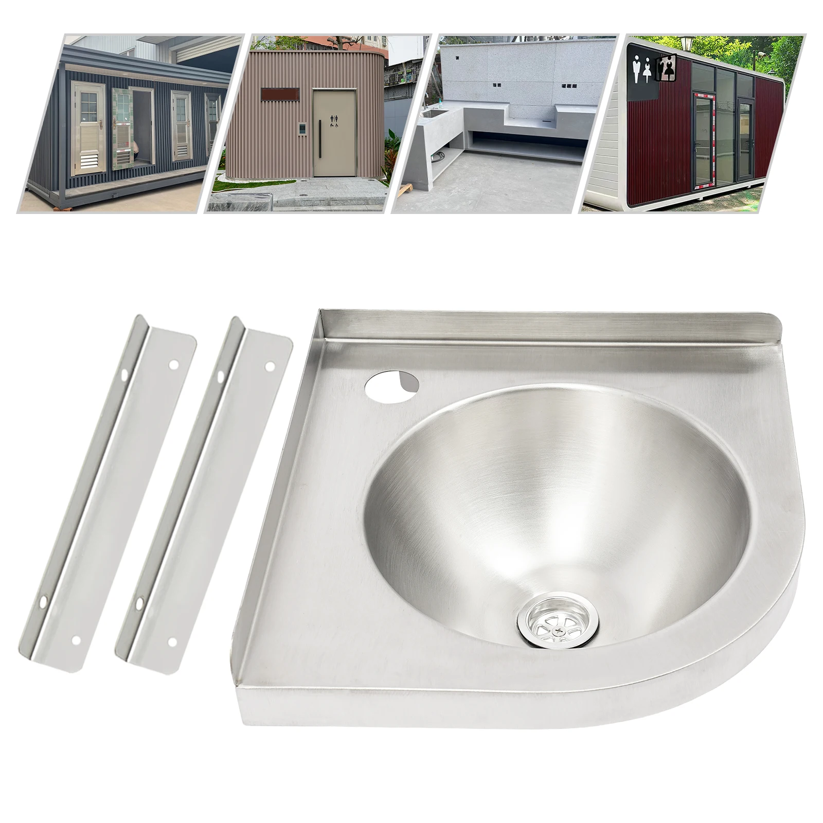 Mała umywalka ścienna ze stali nierdzewnej 304, kompaktowa, okrągła konstrukcja, idealna do kuchni kampera, przyczepy kempingowej i użytku na zewnątrz.