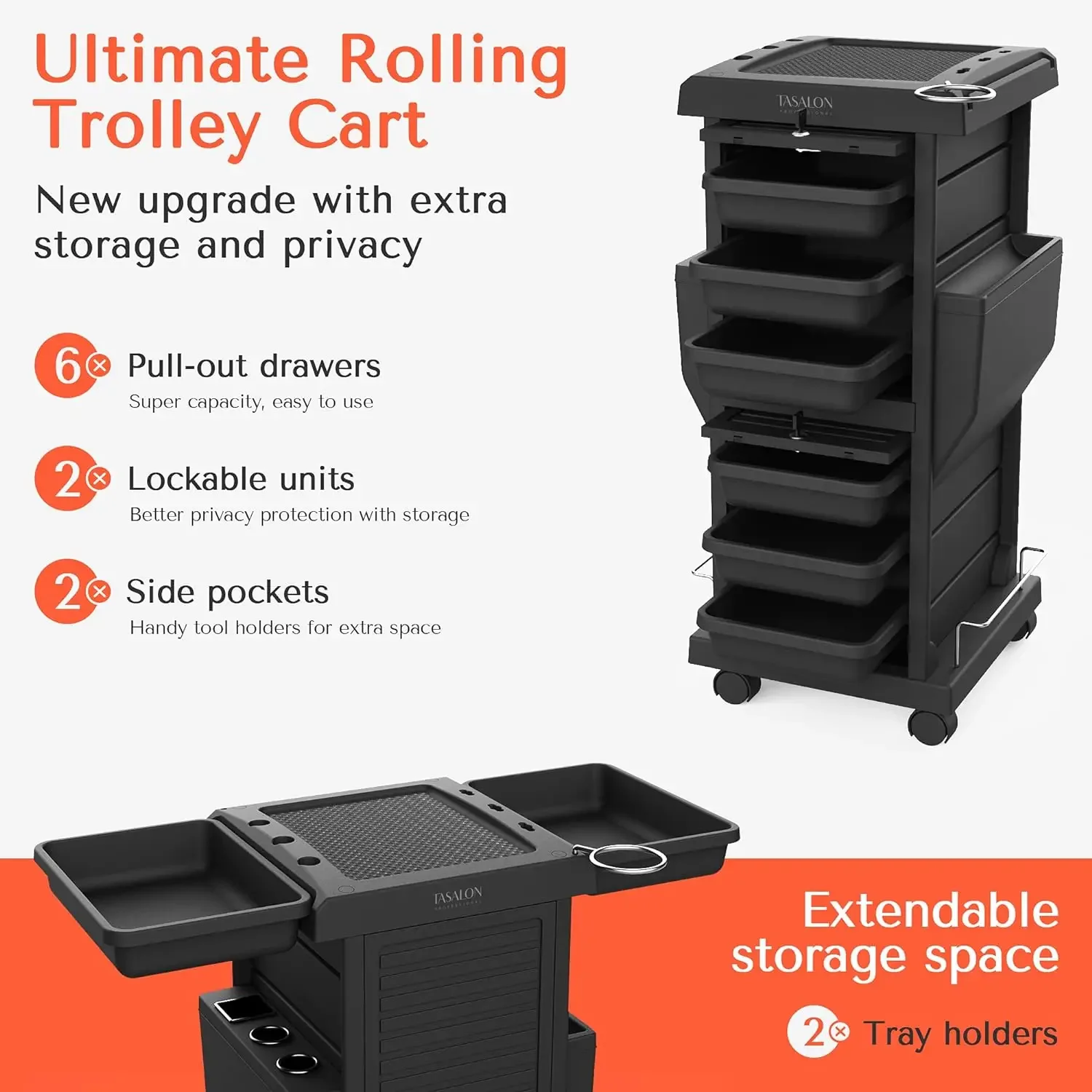 Trolley for Hair Salon Station Space Saving Rolling Beauty for Extra Storage Lockable 6 Trays & 2 Tray Holders
