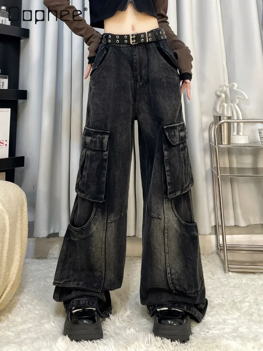 High Street Jeans Men and Women Big Pockets High Waist Baggy Wide Leg Cargo Pants Mopping Denim Pants Casual Hip Hop