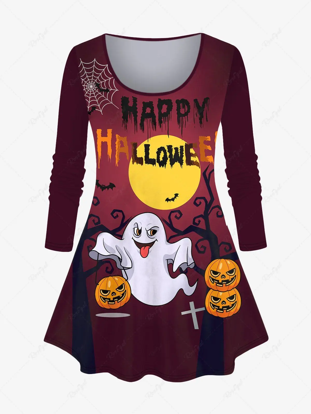 New Plus Size Halloween Moon Bat Ghost Pumpkin Spider Web Tree Ombre Printed T-shirt Or Flare Pants Daily Casual matching sets