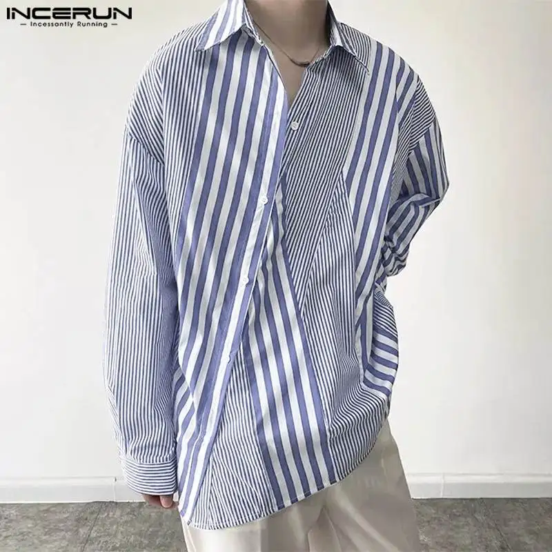 INCERUN Tops 2023 Korean Style New Men\'s Striped Patchwork Design Shirts Casual Streetwear Male Long Sleeved Lapel Blouse S-5XL