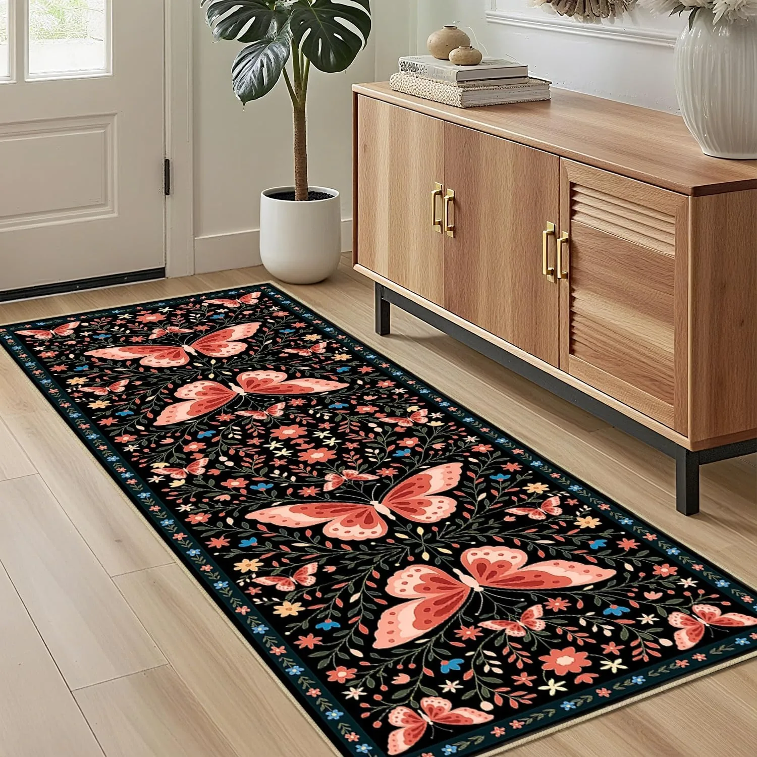Corridor Rug Hallway Long Runner Carpet Machine Washable Non-slip Floor Mat Black Butterfly Bohemian Floral Rugs Home Decor 양탄자