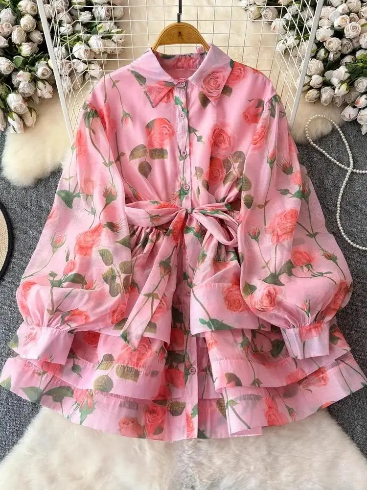 Women Lantern Sleeve Floral Print Lace Up Belt Summer Ball Gown Cute Dress Holiday Gorgeous Flower Ruffles Layer Cake Mini Dress