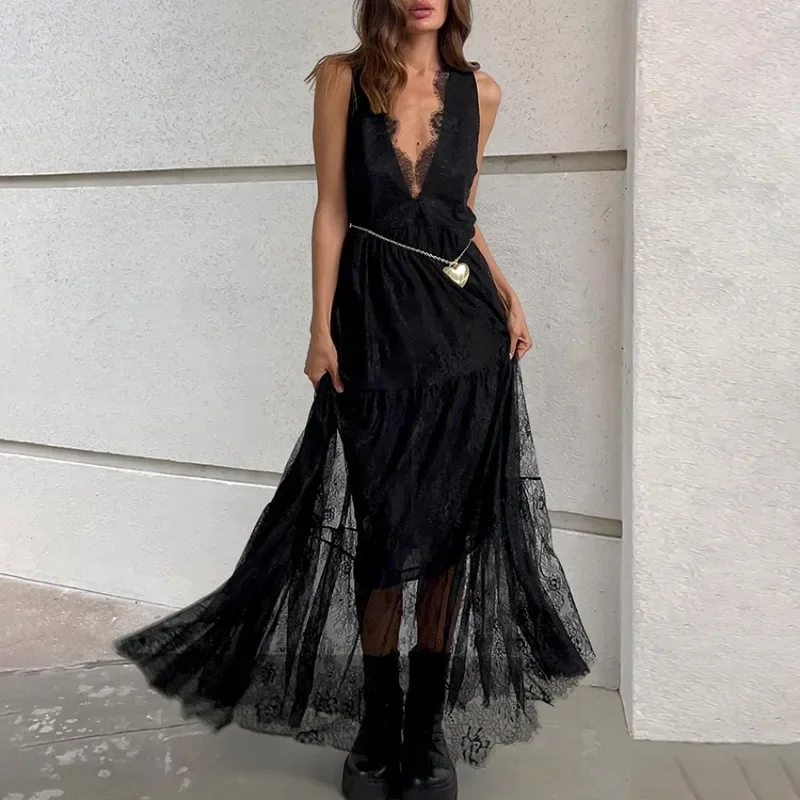 

Women V-Neck Spaghetti Strap Black Lace Spliced A-Line Long Hook Flower Hollow Maxi Dress Elegant Summer Holiday Boho Fairycore
