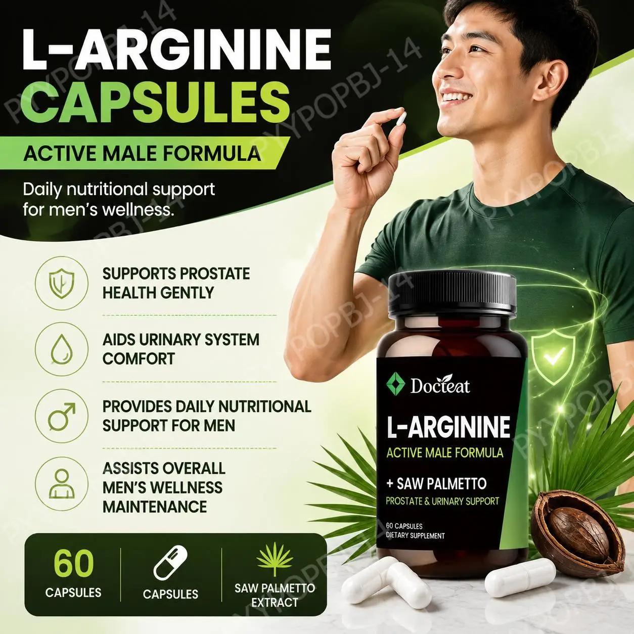 Docteat L-Arginine HCl Capsules with Saw Palmetto Extract Standardized To 45% Fatty Acids, Daily Nutrient Support, 60 Capsules