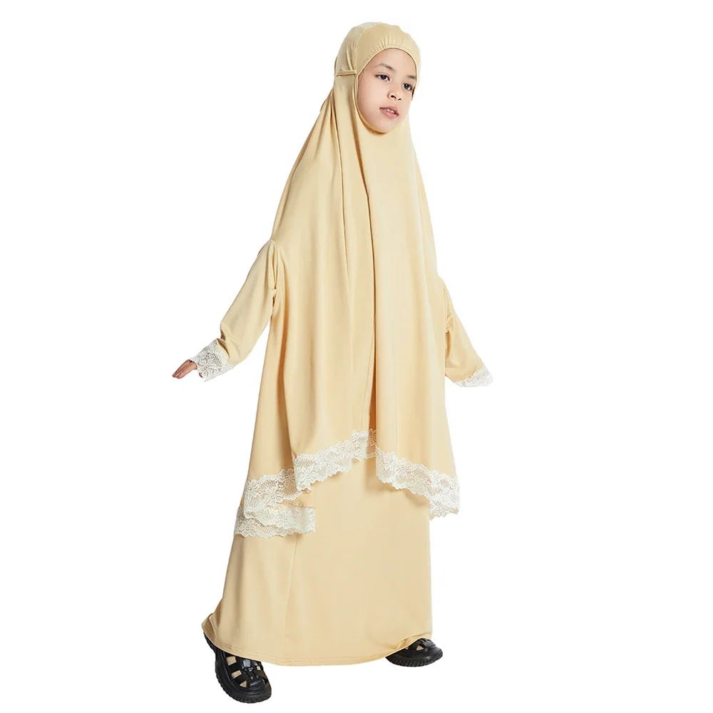 Ramadan Hooded Khimar Jalabiya Muslim Sets Kids Girls Hijab Dress Eid Lace Djellaba Abaya Robe Skirt Islam Prayer Garment Kebaya