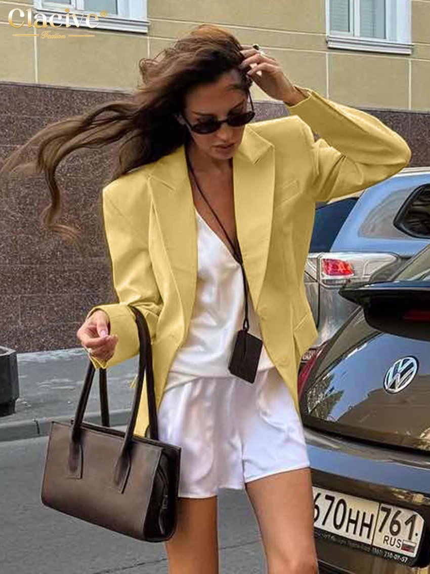 Clacive Winter Loose Yellow Cotton Office Women\'s Blazer Fashion Lapel Long Sleeve Blazers Elegant Classic Top Female Clothing