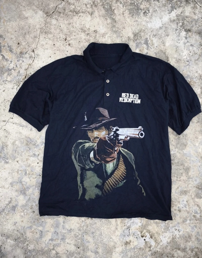 Red Dead Redemption Men's Loose-fitting Printed Short-sleeved Polo Shirt, Perfect for Summer Street Style with A Hip-hop and Y2K