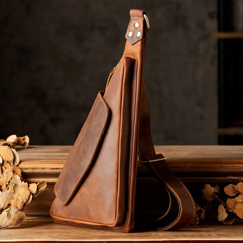 2081 Crazy Horse Leather Personalized Retro Breast Bag First Layer Cowhide Oblique Backpack Men's Bag Genuine Leather Shoulder
