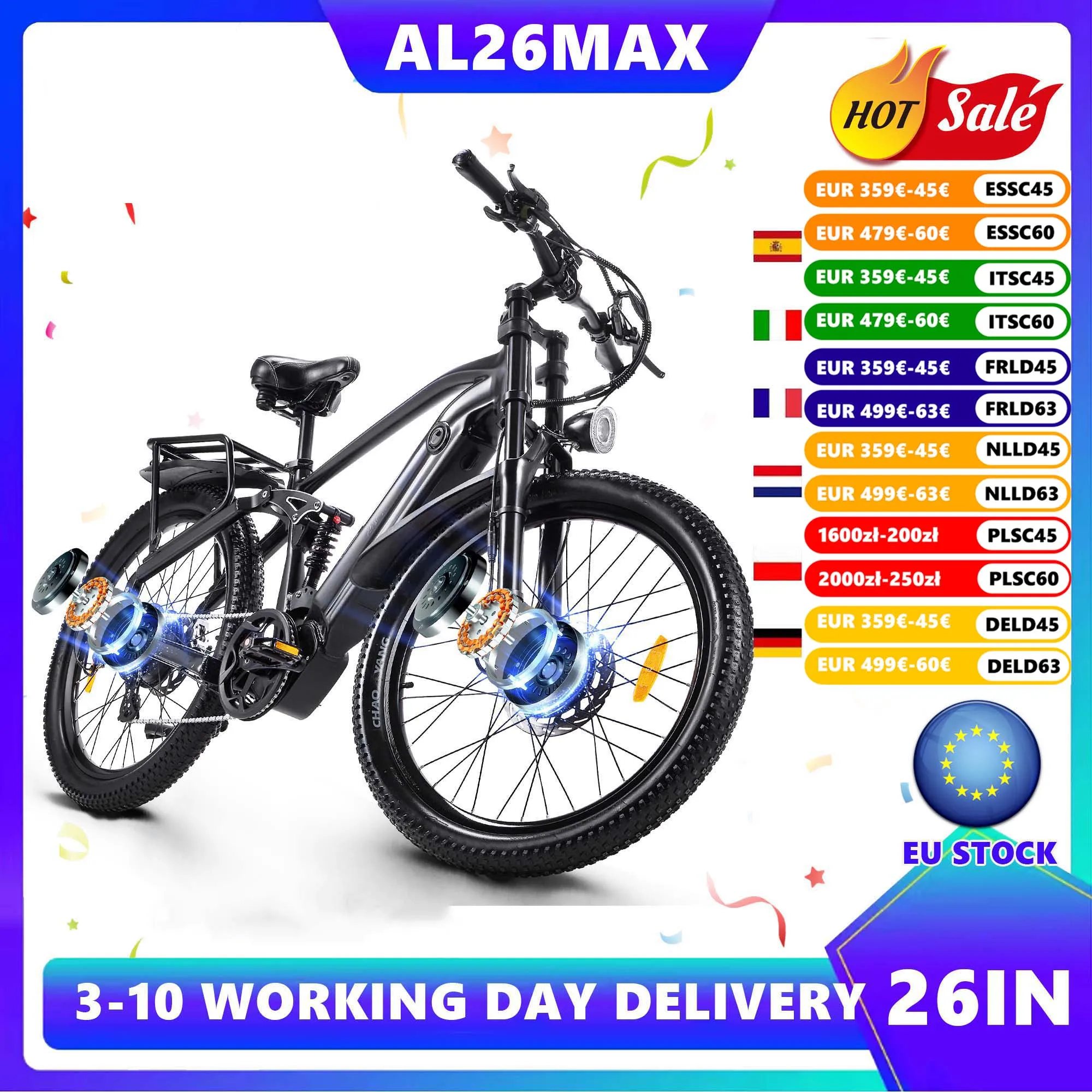Vélo électrique CMACEWHEEL AL26MAX 2000W à double moteur, batterie 48V17Ah, pneus larges 26*3.0, VTT électrique à double suspension, frein à huile.