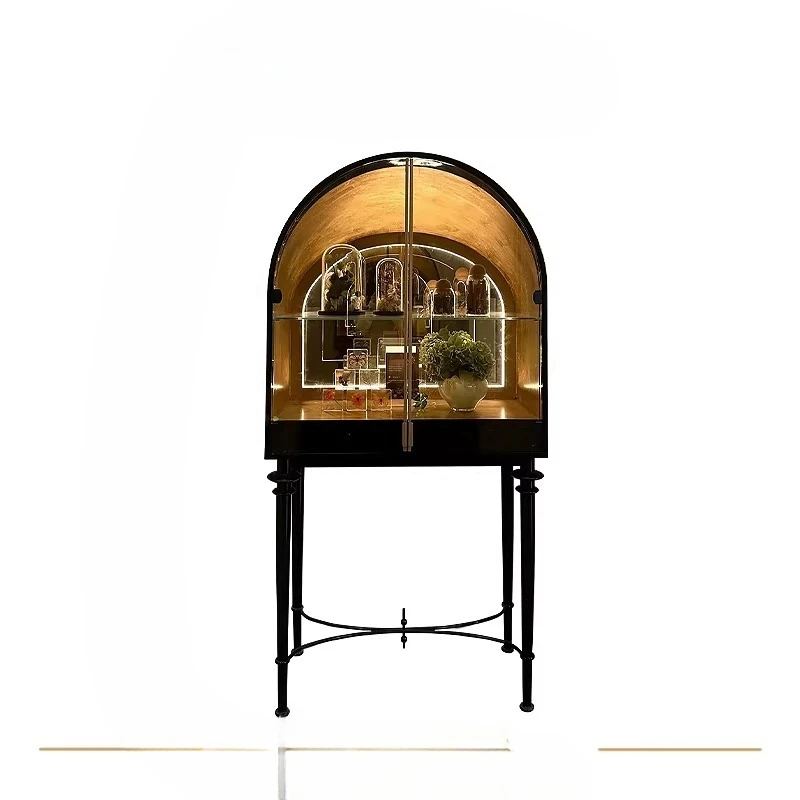 Italian light luxury retro arched glass display cabinet, high sense, villa living room home solid wood wine cabinet