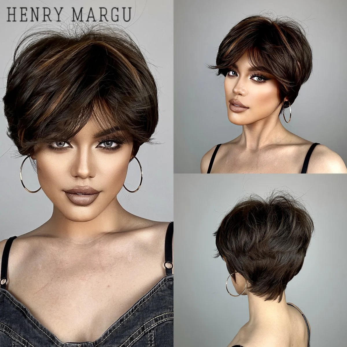 HENRY MARGU Light Brown Highlight Hair Wigs Synthetic Wig for Women High Temperature Fiber Natural Hair with Bangs Wigs