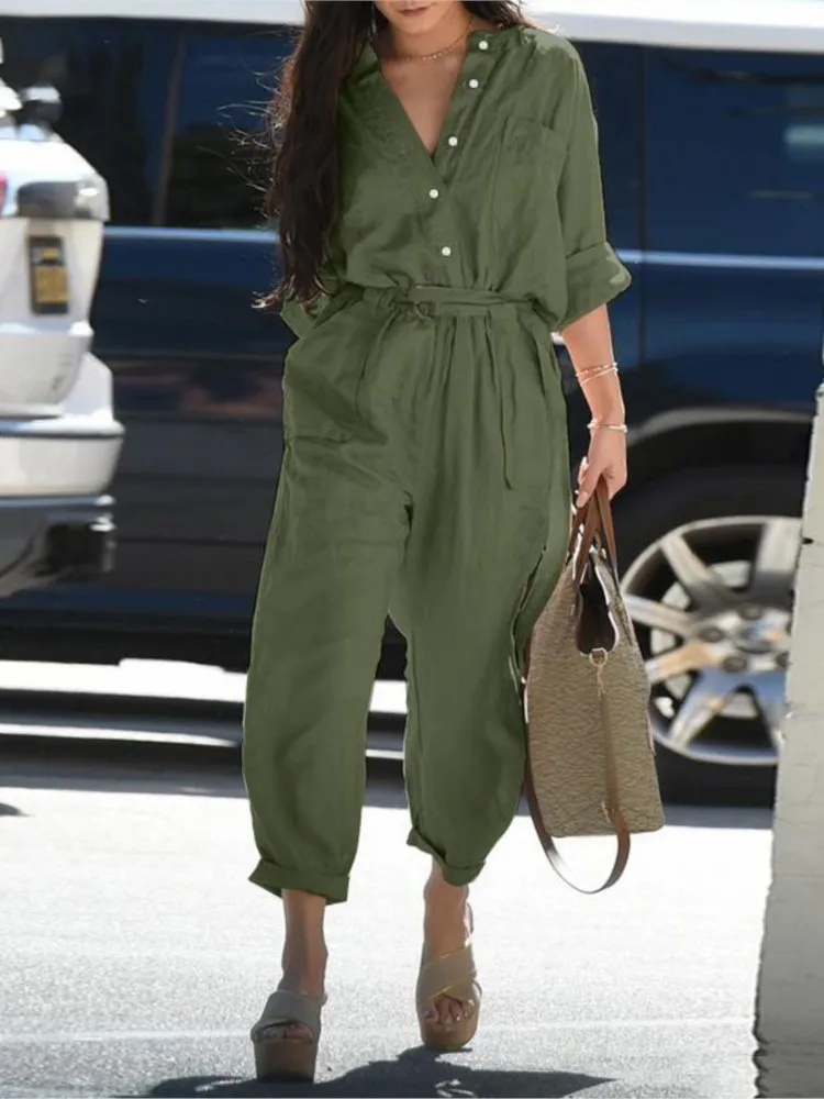 Women Solid Color Long Sleeves High Waist Leace-upCasual Vintage Ladies Jumpsuits Spring Autumn New Cotton And Linen Jumpsuit