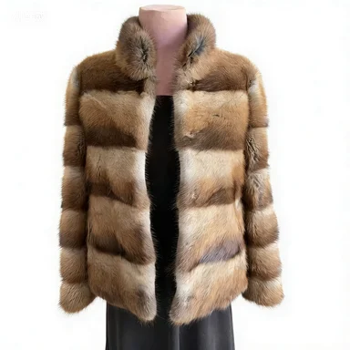 New Women Real Natural Musk Rat Fur Coat High Quality Genuine Winter Luxury Female Jacket Outerwear Long Sleeves
