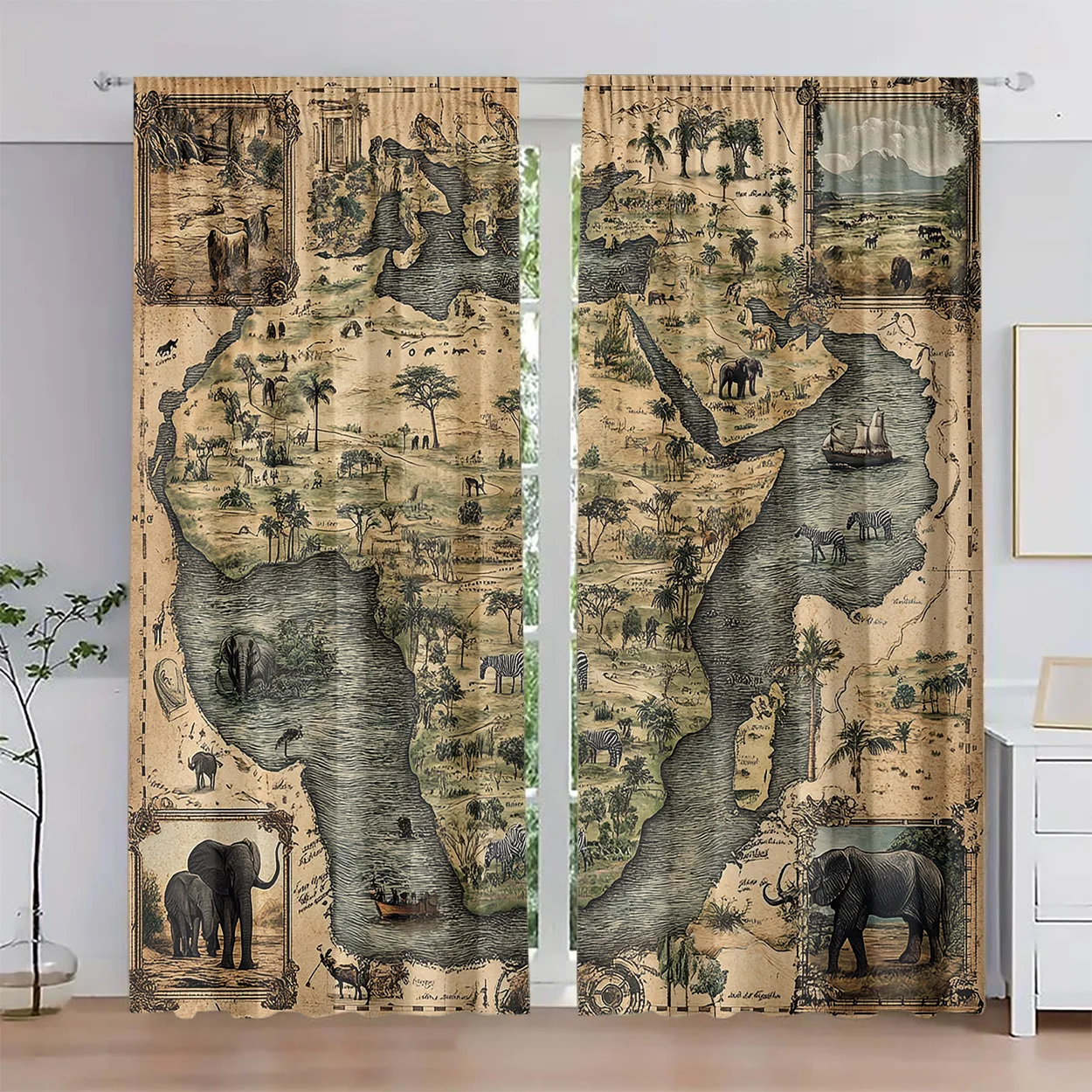 Vintage Africa Map Curtain 2 Panels, Antique Map Elephant Zebra Savannah Animal Parchment Print, Drapes for Bedroom Curtain