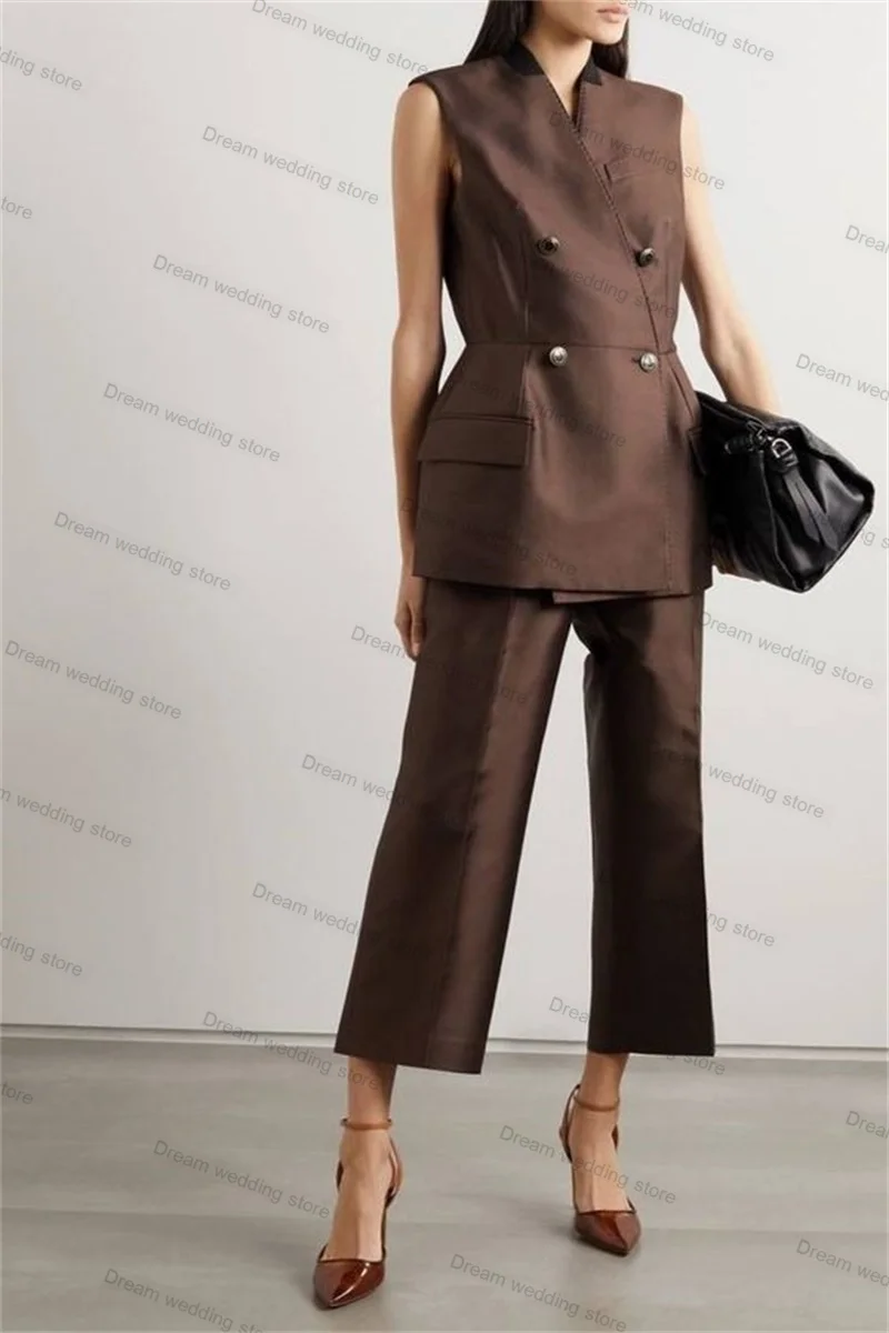 brown-satin-women-suits-pants-set-2-piece-sleeveless-blazer-trousers-sexy-formal-wedding-tuxedo-custom-made-summer-autumn-jacket