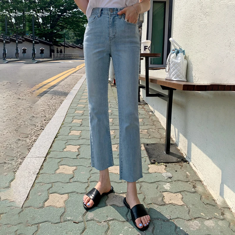 

High Waist Slimming Straight Leg Light Blue Washed Denim Jeans Women's Summer Thin Cotton Stretch Jeans High Waist Slim Fit