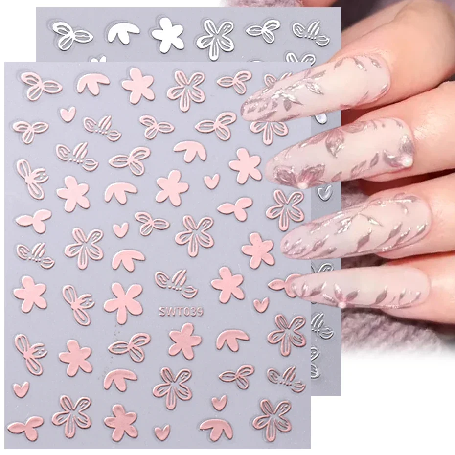 Metallic Flower Leaf Nail Stickers Mirror Silver Rose Gold Petal Floral Print Star Holographic Manicure DIY Nail Art Decoration